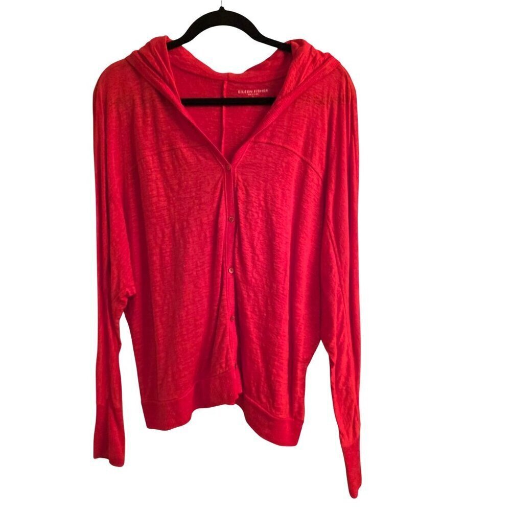 Eileen Fisher Firefly Orange 100% Linen Jersey Hoodie Lightweight Cardigan Sweat